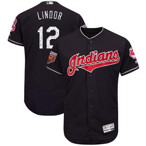 Indians #12 Francisco Lindor Navy Blue 2018 Spring Training Authentic Flex Base Stitched MLB Jersey - Click Image to Close